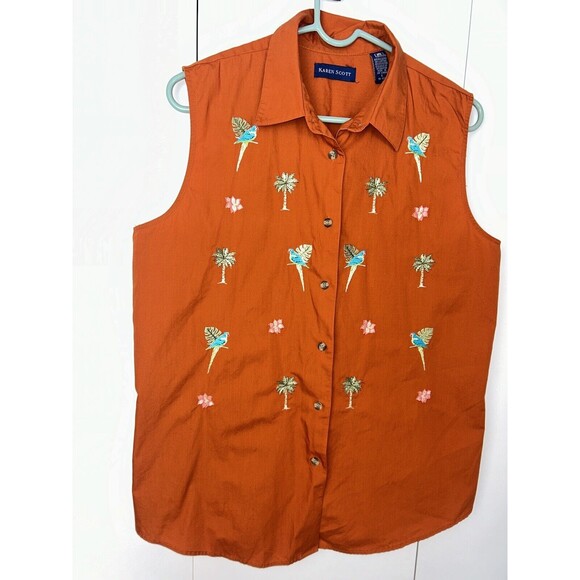 Karen Scott Womens Button Up Shirt Sz L Embroidered Parrots & Palm Trees Orange - Picture 3 of 6